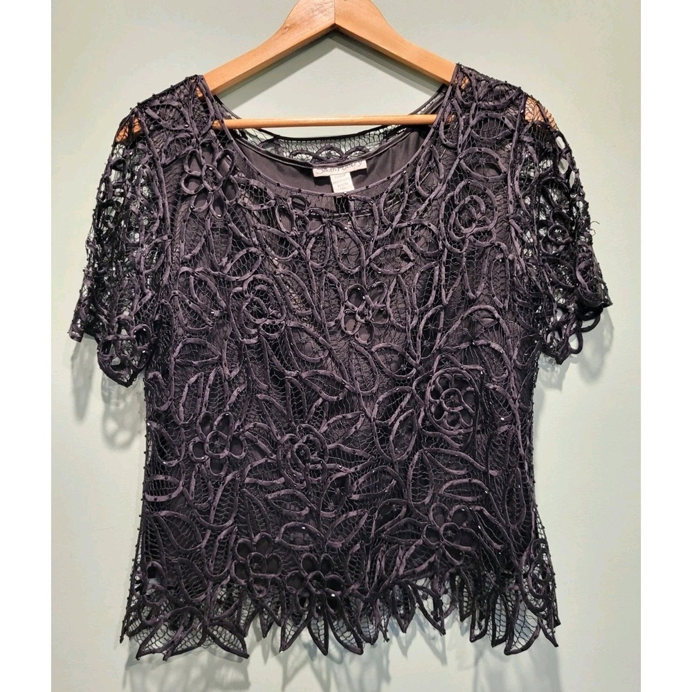 Vtg Silken Poetry Black Silk Hand Crochet Floral Beaded Whimsigoth Party Top XL